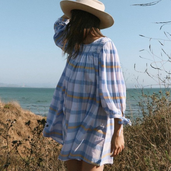 Daughters of India Freya Periwinkle Blue Yellow White Plaid Boho Mini Dress S - Picture 1 of 16